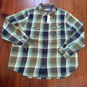Outerknown Blanket Shirt XXL Blue Green Plaid Organic Cotton Flannel Button Up